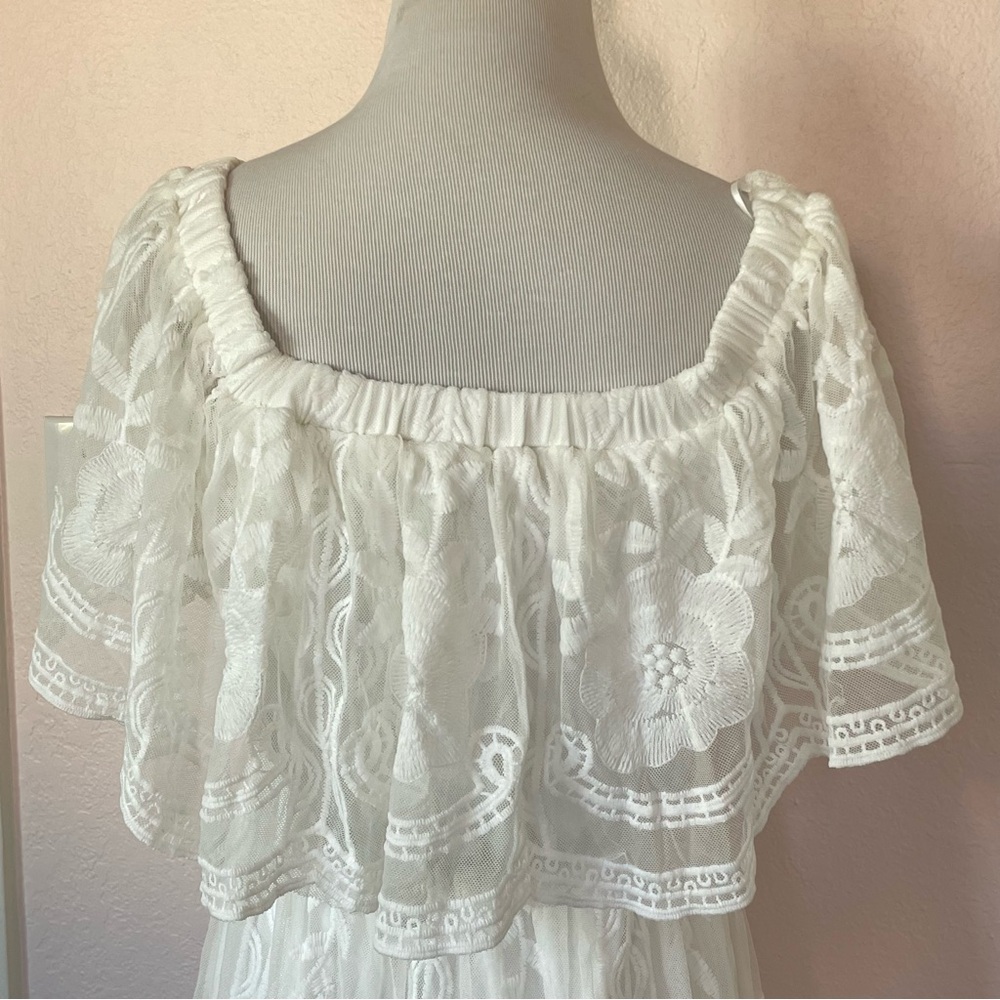 White Boho Lace Off Shoulder Maxi Dress Embroidered Romantic Coastal Medium - Picture 6 of 16